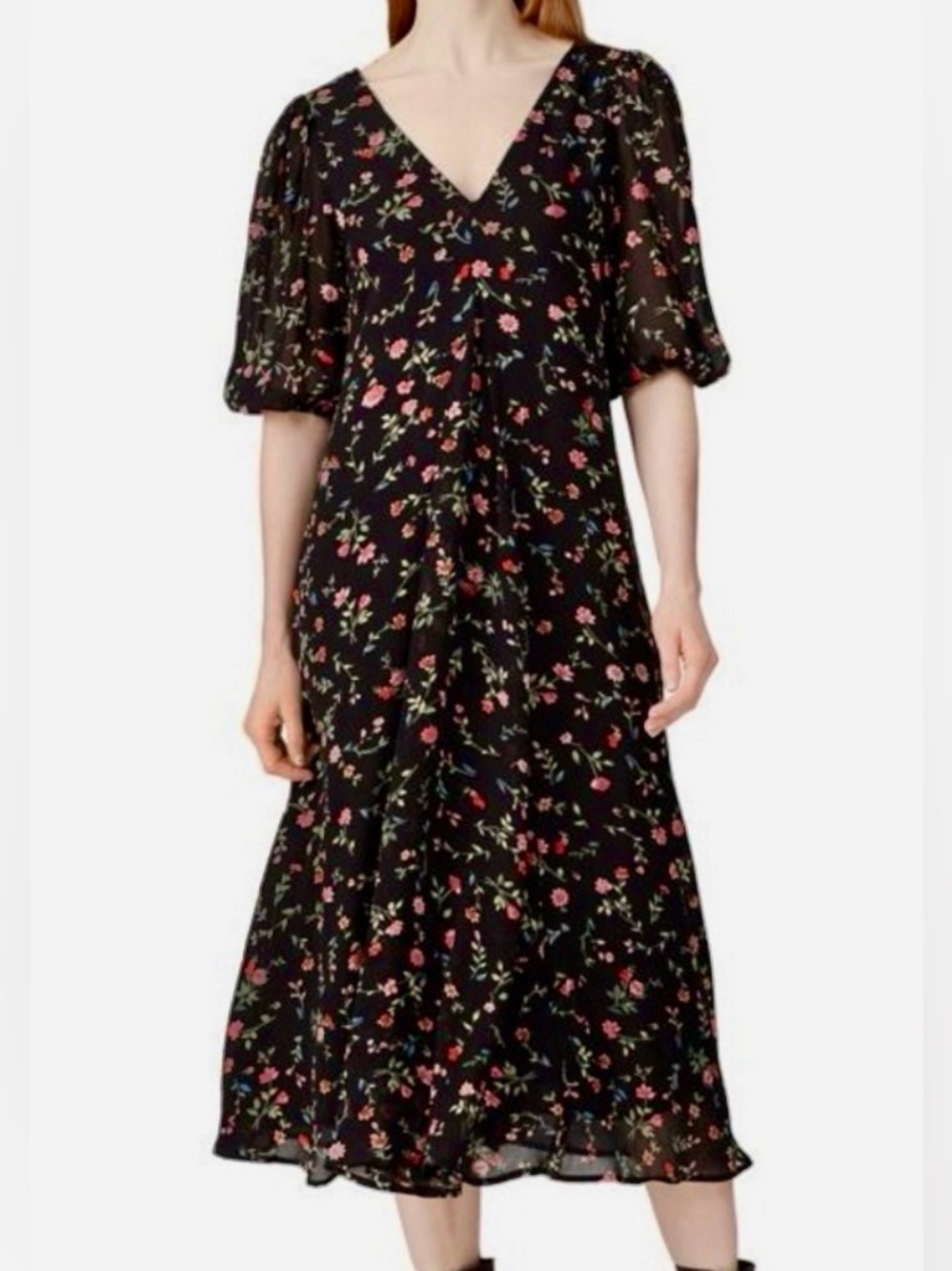 GANNI Black Floral Midi Dress Sheer Overlay Puff Sleeve Lined Size 36